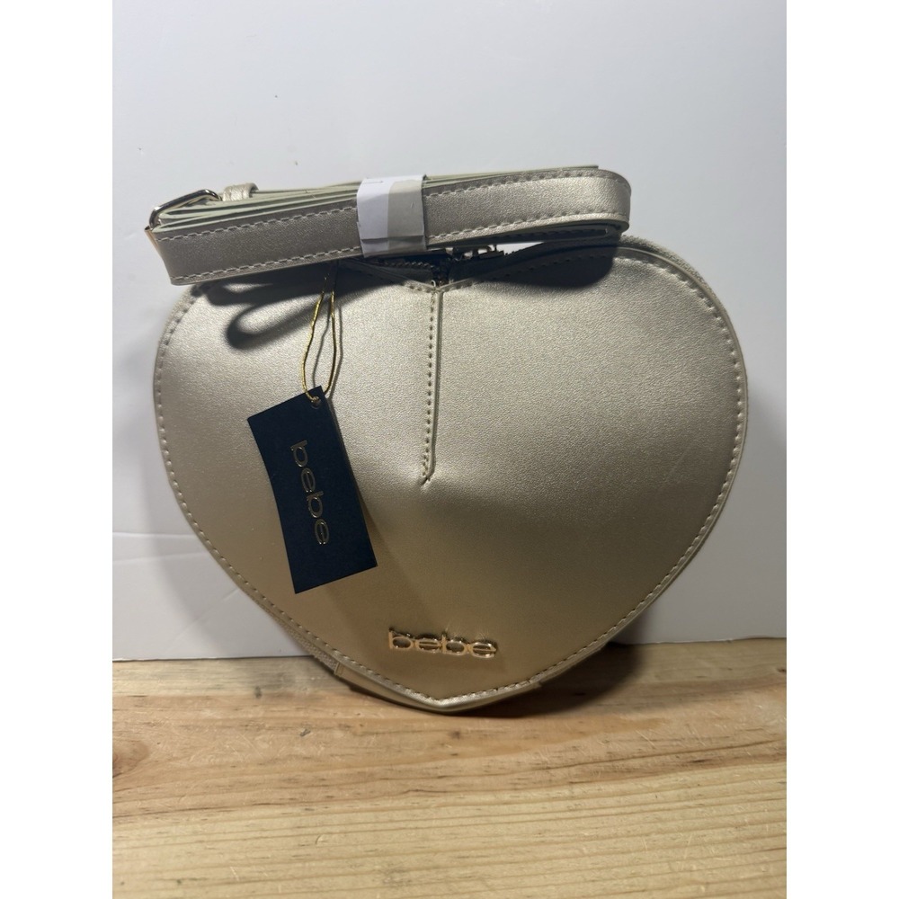 bebe Small Heart Crossbody Bag Gold Metallic Zip Closure w/ Detachable Strap NWT